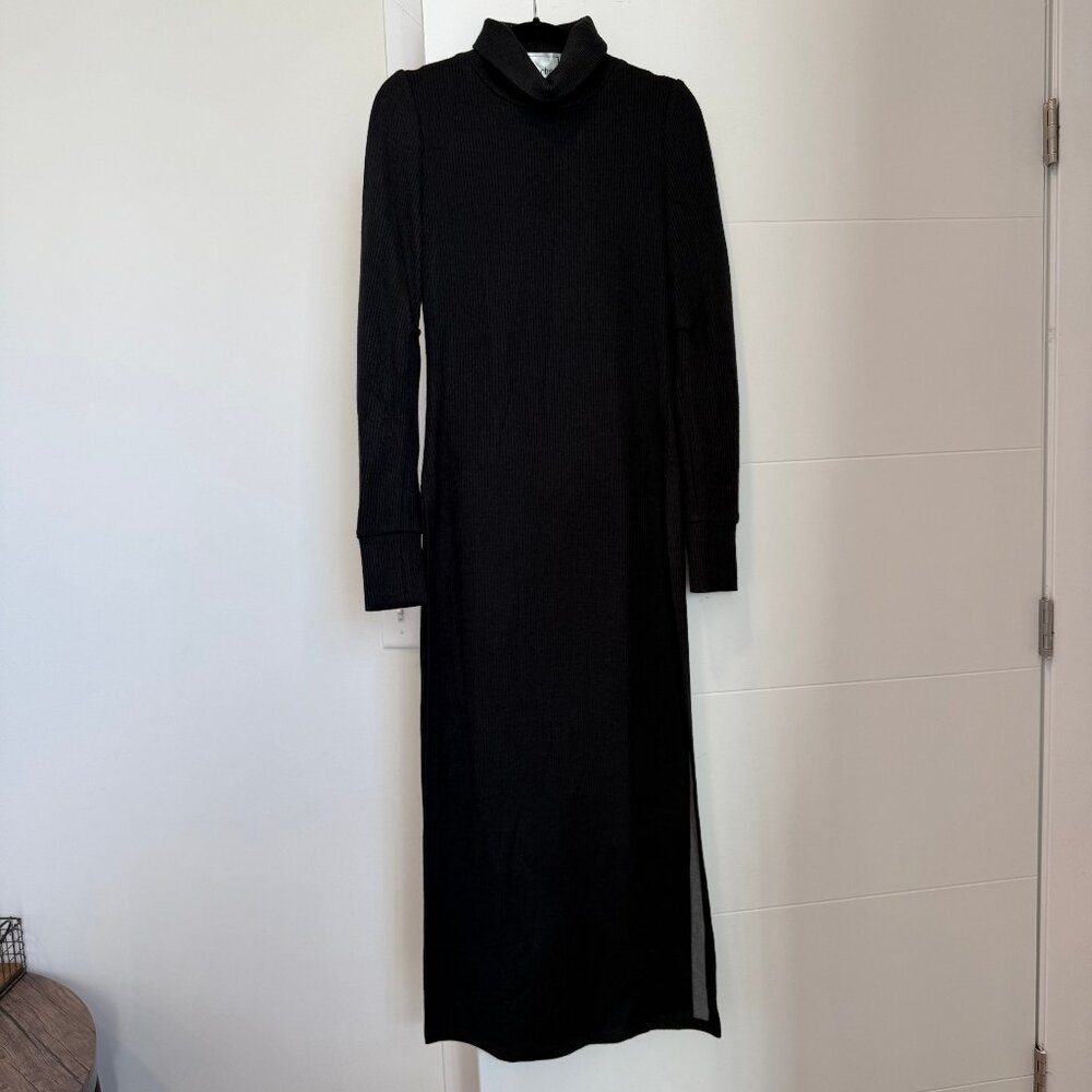 Black Ribbed Knit Turtleneck Midi Dress